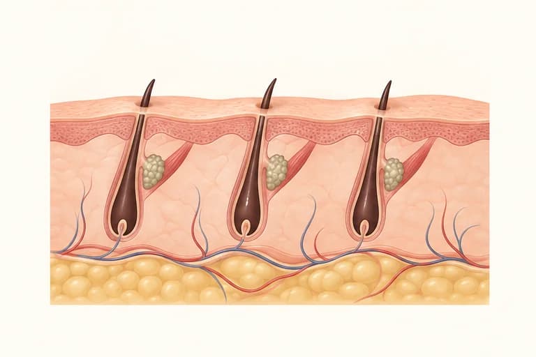 Sezione schematica del cuoio capelluto con capelli corti durante la guarigione iniziale.